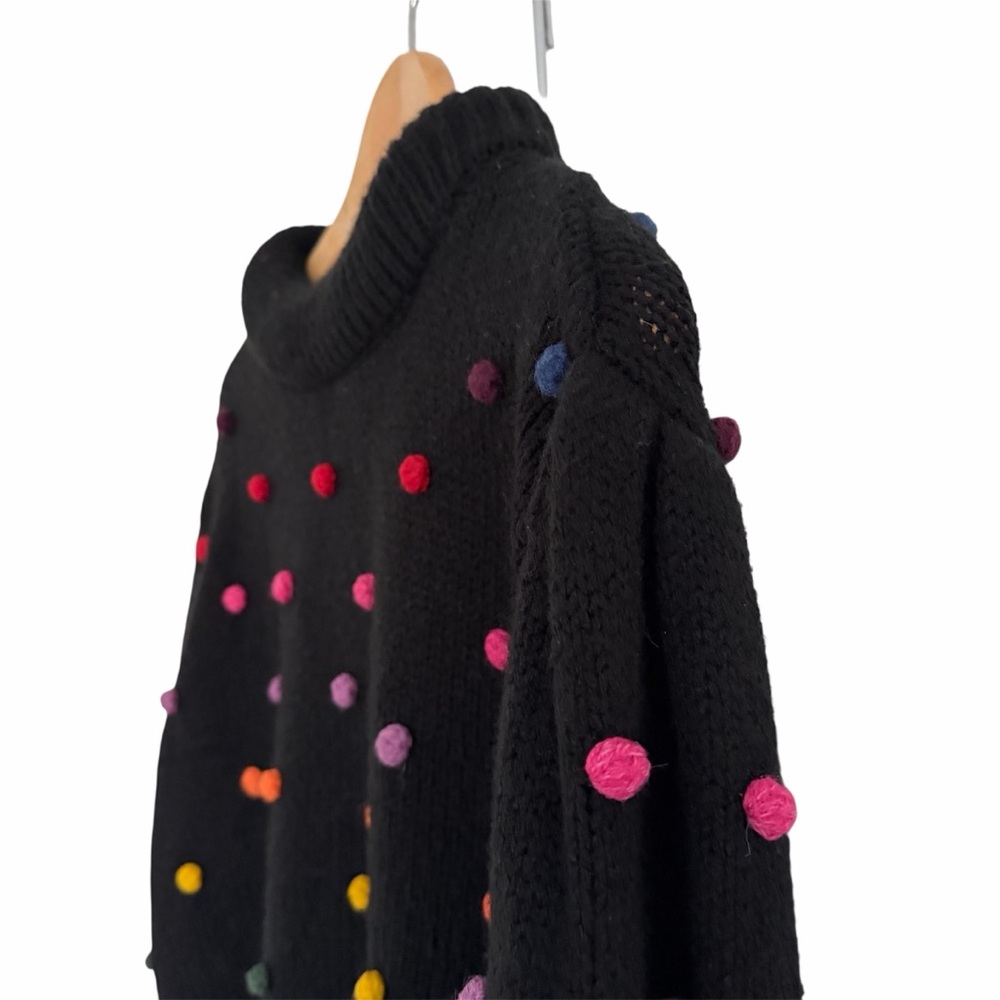 FARM RIO Rainbow Dot Pom Pom Sweater Black & Multicolor - EUC, Large - Picture 9 of 16